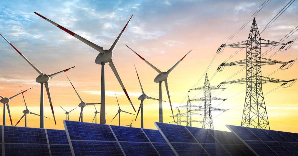 Konzept – Energiequelle Wind und Solar mit Stromleitungen